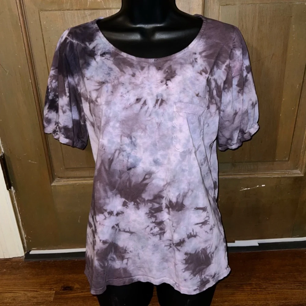 Amour Vert Purple Acid Wash Puffed Short Sleeve Organic Cotton Shirt Size M - Picture 1 of 8
